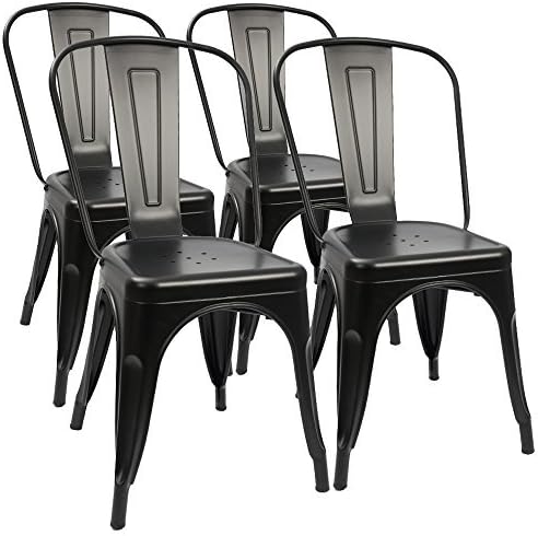 Furmax Metal Dining Chair Indoor-Outdoor Use Stackable Classic Trattoria Chair Chic Dining Bistro Cafe Side Metal Chairs Set of 4 (Black)