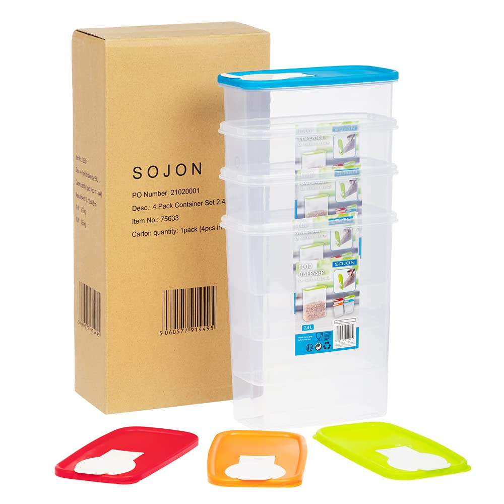 4 Piece Set of Plastic Kitchen Storage Box Dry Food Dispenser Container 2.4L with Air Tight Lid Ideal for Cereals, Rice, Pasta and Much More