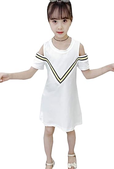 Yyq Shop 女の子 ワンピース 半袖 キッズワンピース 肩出し おしゃれ 子供服 かわいい チュニック ガールズ 半袖ワンピース 夏 ガールズ子供服通販 高校中学小学生園児