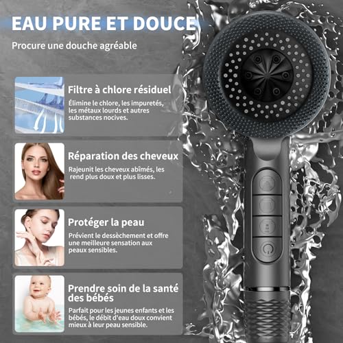 Pommeau Douche Haute Pression,Pommeau De Douche Anti Calcaire,Avec 15 Étapes Filtre*3 et Tuyau 1,5M,Support,4Types de Jets Douchette Douche Salle de Bain,SPA Shower Head Economie,Gris