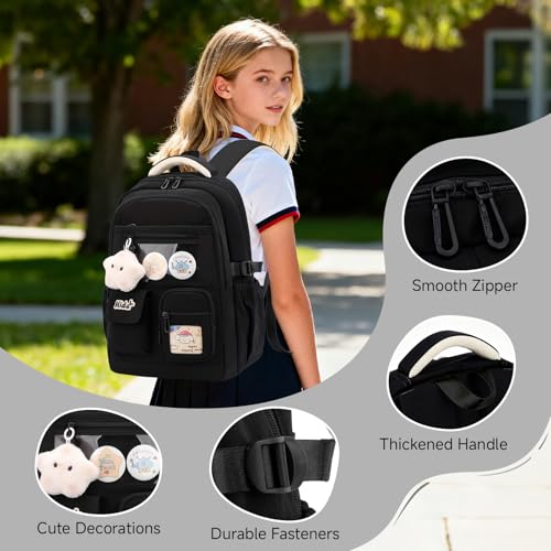 Tanou Girls Backpack, Large Capacity School Bag Teenager Waterproof Polyester School Bags Fashion with Star Pendant for Primary School and College, Black