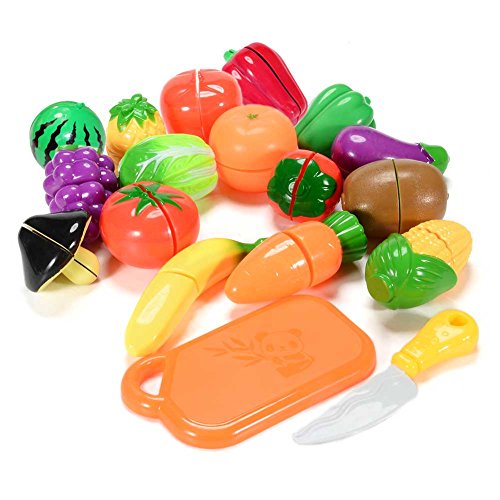 Emorefun Toys 18PCS Plastic Cutting Fruits and Vegetables Set Play Food Set for Pretend Play Educational Puzzle Learning Plastic Toy Satety