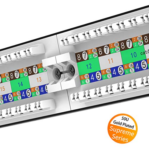 AMPCOM Supreme Series CAT6 Patch Panel, 50μ Gold Plated, 1U 24-Port Rackmount or Wallmount Punch Down Patch Panel, Cable Management Panel, Label Board, RJ45, 568A 568B