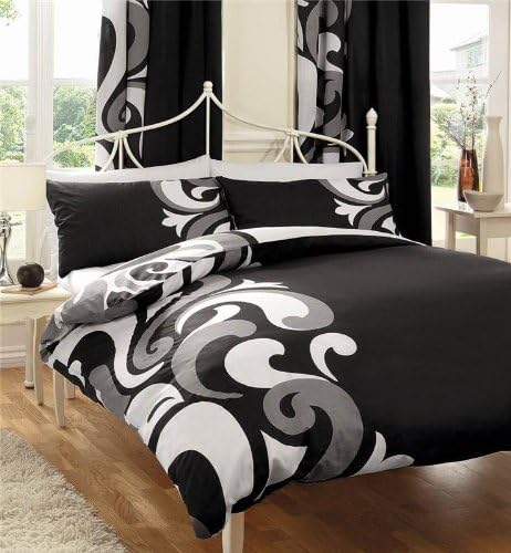 Printed Duvet Cover Sets, Reversible Bedding Bed Set, Polycotton Quilt Covers, Grandeur Black/Grey, King