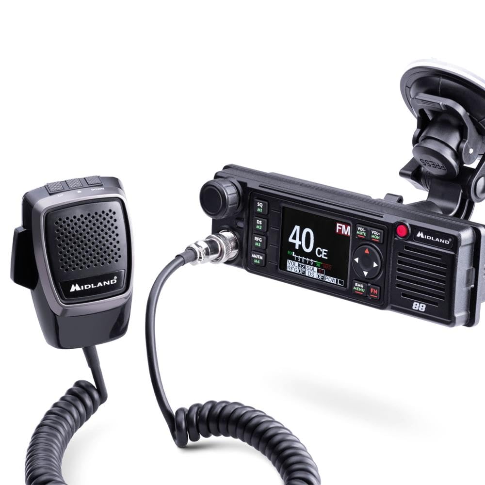 Midland - CB Radio M88 Vehicle-Mounted Licence-Free, Professional 2 Way Radio for All DIN Compartments, Cars, Trucks, Campers & More, TFT Multicolour Display, Noise Blanker/HIC, Universal Power Supply