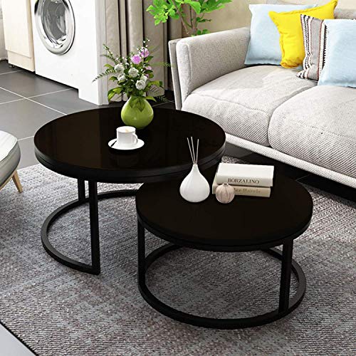 Jerry & Maggie - 2 Round Tea Table Coffee Table Desk Sets | Jet Black - Twin Sets Multi Function Wood & Steel Living Room Home Decor Polished Surface Overlapping Ending Tables Cocktail Table - Thumbnail 5