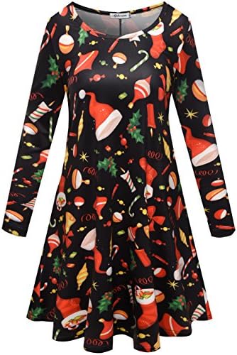 Aphratti Women's Long Sleeve Casual Santa Christmas Print Flare Swing Dress