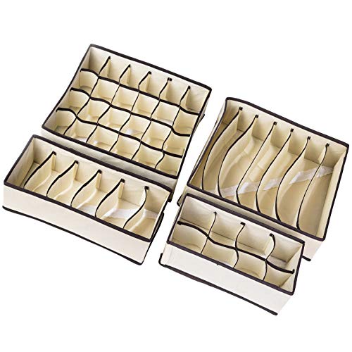 Xena 4 Pack Drawer Organizer Set Closet Underwear Sock Shirt Pantie Organizer Dividers Cream Foldable Clothing Boxes 11, 12, 13 Inch Large Bedroom Storage
