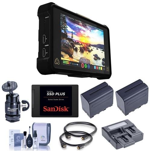 Atomos Shogun Inferno 7in 4Kp60 Monitor/Recorder - Bundle w/2x Spare Batteries, SanDisk SSD Plus 2.5in 480GB Internal SSD Drive, Dual Charger, 2x HDMI Mini Cable 9ft, Cleaning Kit, Mini Ball Head