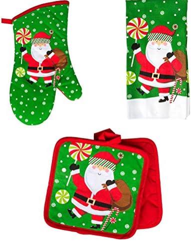 Christmas Santa Claus Kitchen Decor Theme Kitchen Linen Set Design Bundle of 3 Items - Kitchen Towel, Pot Holders, Oven Mitt