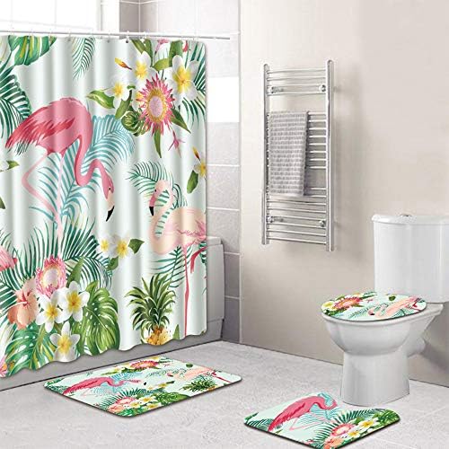 Chlove Anti Slip Bathroom Rugs Set Pedestal Rug + Lid Toilet Cover + Bath Mat And Waterproof Shower Curtain Flamingo Home Decor