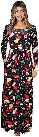 Kaitobe Womens Bohemian Long Sleeve Maxi Dress Santa Christmas Print High Waist Cocktail Party Prom Long Evening Dress