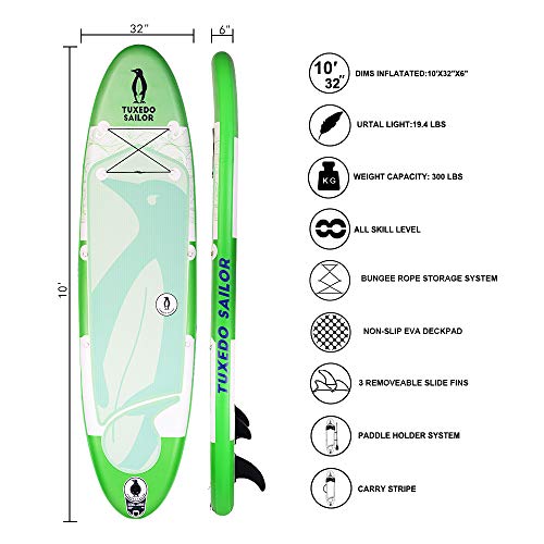 Inflatable 10'Ã—32"Ã—6" SUP with Carry Stripe System Everything Included with Stand Up Paddle Board, Adj Paddle,Big YOGA Non- slip Comfortable EVA Deckpad ,Pump, ISUP Backpack, Leash,Waterproof Bag