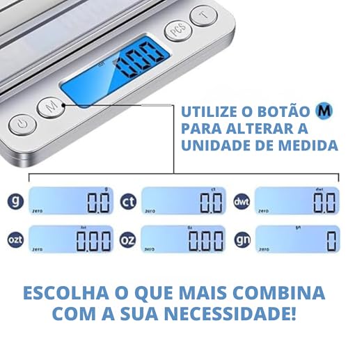 Balança Digital de Precisão para Cozinha 0,1g a 2kg Mini Inox Tara Visor LCD Pilhas Inclusas Confeitaria Café Especial Joias Suplementos Portátil 6 Unidades de Medida