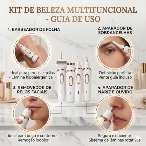 Depilador Feminino Elétrico 4 em 1 Recarregável USB Removedor de pelos Corporal e Facial Aparador Portátil bivolt Sem Fio com 4 Cabeças Multifuncional