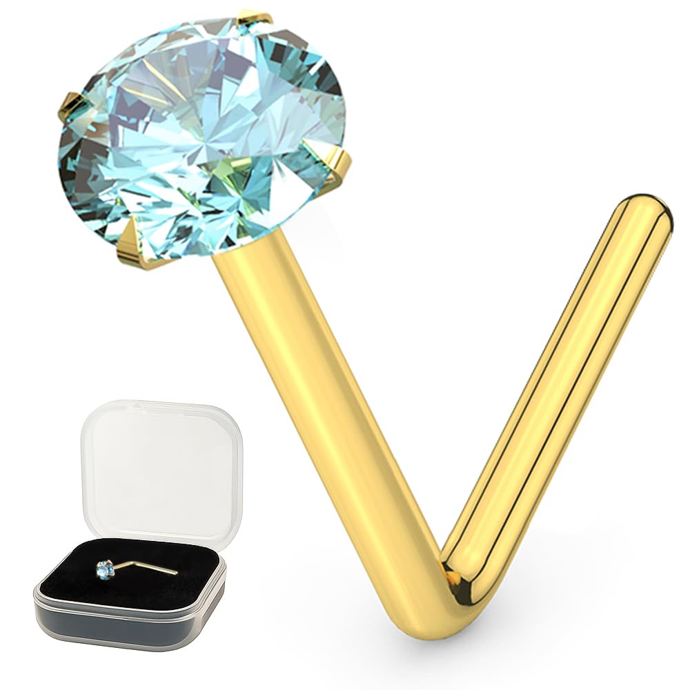 9K Yellow Gold Nose Stud Claw Set 2.5MM Aquamarine Round Crystal Stone 22 Gauge L Bend Nose Stud Piercing Jewellery