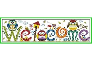 Funcrostitch Counted Cross Stitch Kits for Beginners,14CT Unprinted Pattern Embroidery Kit DMC Cotton Threads Needleworks for Adults-The owl Welcome Card 22.8"×6.7"