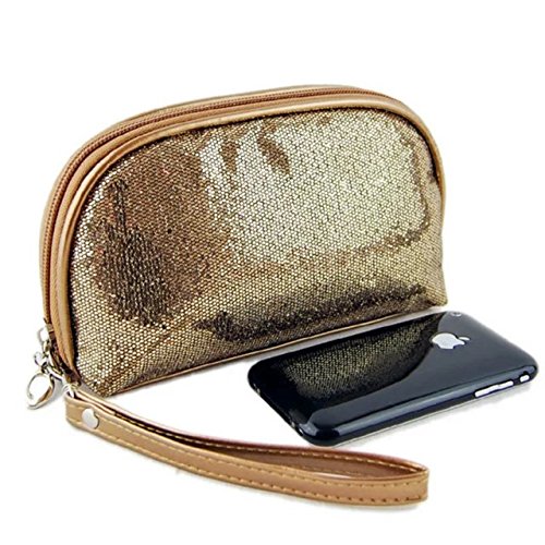 Garrelett Shimmery Sequined Top Zipper Evening Handbag Wallet Cosmetic Case Clutch Coins Purse Card Holder Cellphone Bag Organizer for Women Girls Ladies (Bronze)
