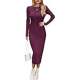 Wkior Women Long Sleeve Midi Dress Crewneck Bodycon Ribbed Knit Slim Sweater Dress 2025 Fall Trendy Outfits