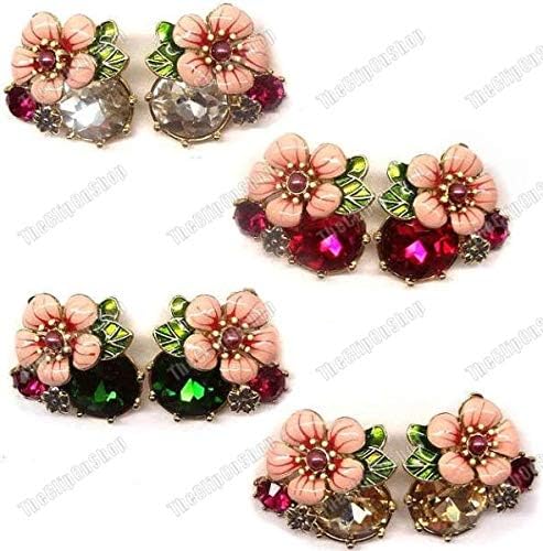 PANAMI Jewelry Making Supplies Clip ON Big Crystal Flower Enamel Vintage Stud Earrings Pink/Gold Plated - Choose Fitting and Colour is Clip On, Dark Green Vintage Silver Earrings for Women