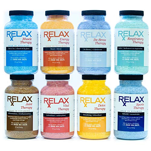 Relax Rx Best Aromatherapy Dead Sea Bath Salts, Pack of 8, 19 Ounce Bottles, Infused with Vitamins and Minerals, Soak Pains, Aches, Swelling, and Stress Relief for Spa, Bath, and Whirlpool