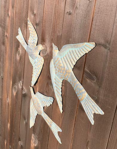 Large 14" Metal Birds Decorative Wall/Fence Plaques Brass Verdigris Garden Art Sculptures - Set of 3