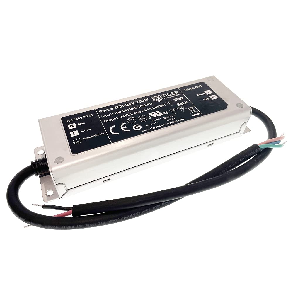 24V DC 200W 8.3A LED Driver Waterproof Weatherproof Outdoor Use IP67 Rated High Power Metal Case with Lead Cable In and Out