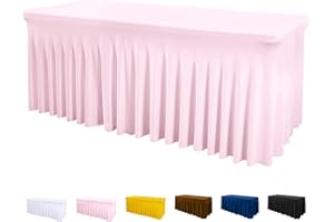 ManMengJi Table Cover and Table Skirt One-Piece for Folding Tables, 6FT Spandex Fitted Tablecloth with Ruffles Skirt for Weddings, Banquets, Parties, Vendors (Pink 1Pack)