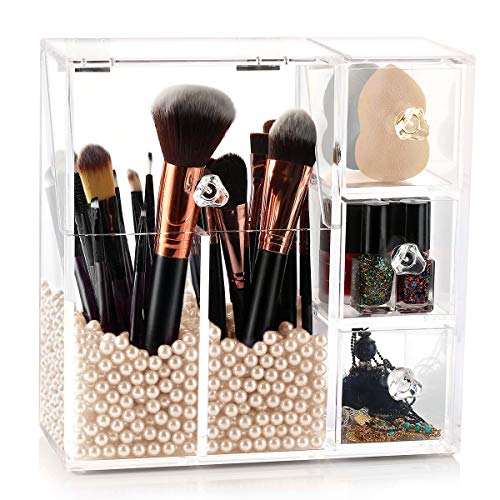hblife Makeup Brush Holder, Acrylic Makeup Organizer with 2 Brush Holders and 3 Drawers Dustproof Box with Free Beige Pearl