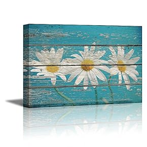 Retro Style Flowers on Sky Blue Vintage Wood Background Rustic