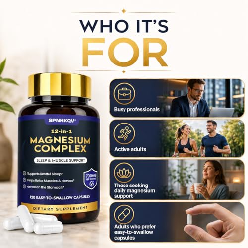 Spnhkov Suplemento Complejo de Magnesio 12 en 1 Spnhkqv: Cápsulas de Glicinato de Magnesio de Alta Absorción de 700 Mg para Mujeres y Hombres, Que Favorecen los Músculos, Los Nervios y el Sueño.