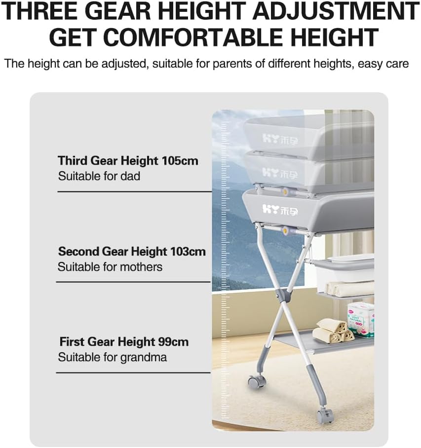 DMG TECH Portable Baby Changing Table, Folding Baby Changing Table, Infant Care Station with Double Layer Storage Basket, Adjustable Height, Mobile Nursery Organizer for Newborn Infant (Grey)
