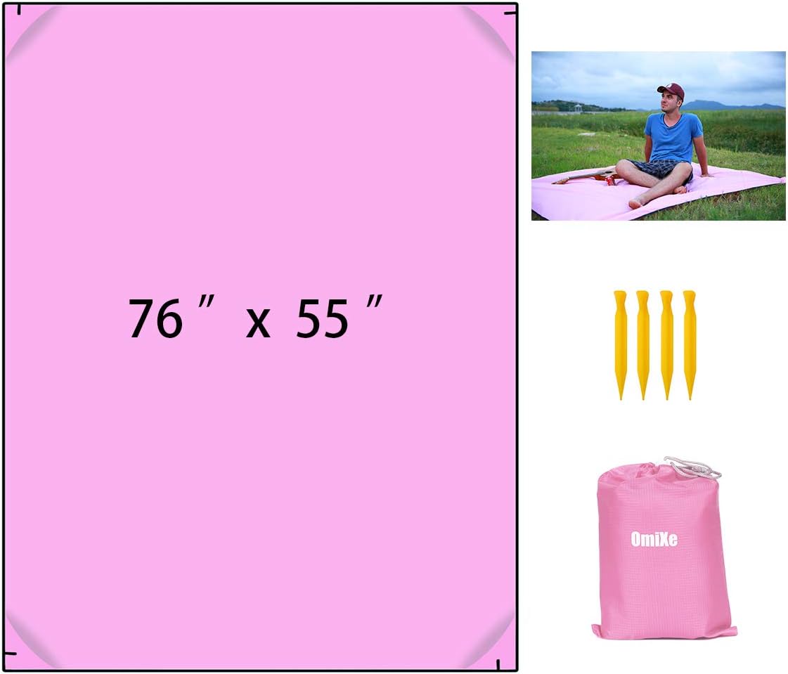 OMIXE Sand Free Beach Blanket 76"x 55" Waterproof Camping Mat, Lightweight Durable Portable Picnic Blanket with 4 Stakes & 4 Corner Pockets for Party, Travel, Camping and Outdoor(Pink)