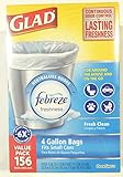 Glad OdorShield Small Trash Bags, Fresh Clean, 4 Gallon, 26 Count (Pack of 6)