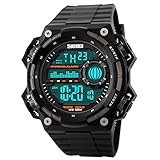Men's Big Digital 50M Waterproof Electronic Unique Round Sport Watch Large Face Sillicone Band Heavy Duty Army Military 24H Time LED Back Light 164FT Water Resistant Calendar Date Day -Titanium Black
