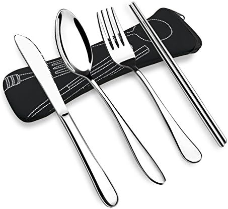VICBAY 4 Pieces Stainless Steel Flatware Set, Knife Fork Spoon Chopsticks Set, Travel Camping Cutlery Set with Neoprene Case, Reusable Lunch Box Utensils, Portable Travel Silverware Set