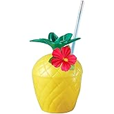 PMU Hawaii Party Plastic Pineapple Drink Luau Cup with Hibiscus Flower and Straw Assorted Colors Pkg/1