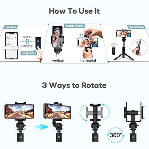 HOMVILLA Bastone Selfie Tripode con Telecomando, 3 in 1 Bluetooth Estensibile per Monopiede Selfie Stick Rotazione a 360 ° per iPhone XR / 8 Plus/Samsung Galaxy Fino a telefoni da 3,5-6 Pollici