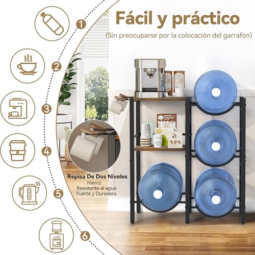 YUDSKU Porta Garrafones de Agua de 3 Niveles con 2 Repisas y Portavasos,Capacidad para 4 Garrafones de 20L,para Sala,Comedor,Oficina,Gimnasio,78 * 65 * 33CM