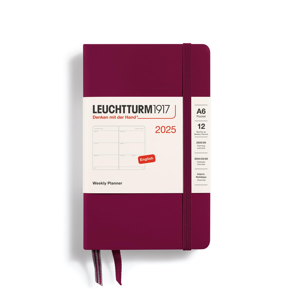 LEUCHTTURM1917 370778 Weekly Planner 2025, Pocket A6 Hardcover - 12 Month Planner, Lined - Port Red, English