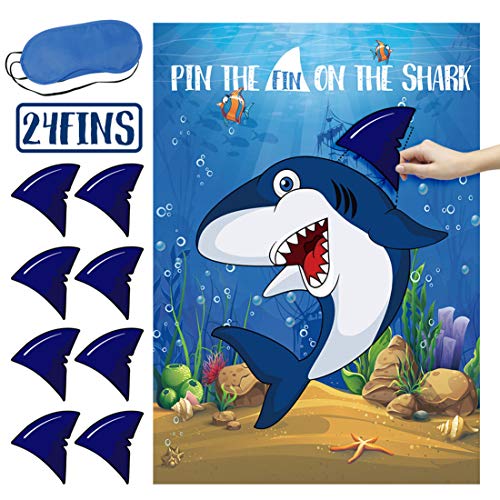 Pin The Fin on The Shark Game - Shark Birthday Party Favor Games Blue White