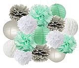 Baby Shower Decorations Furuix 15pcs Mint Grey White Party Decoration Kit Tissue Paper Pom Pom Honeycomb Ball for Bridal Shower Birthday Party Decoratios (Mint Grey White)