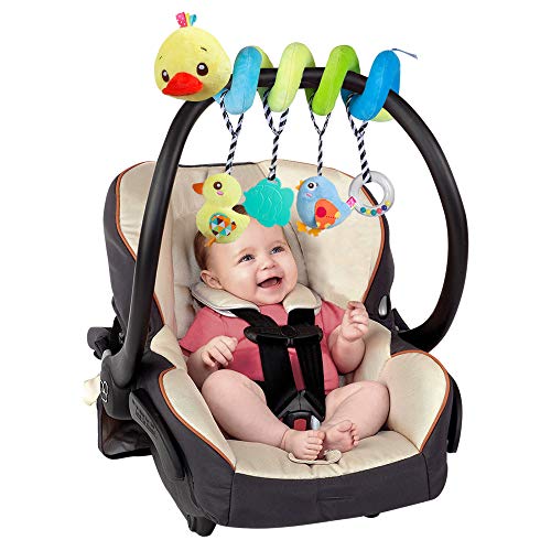 caterbee Car seat Toys, Baby Activity Spiral Plush Toys for Stroller bar Accessories, Crib Toys with Bell for boy or Girl, Hangings Rattle Toy with Squeaky (Yellow-Duck)