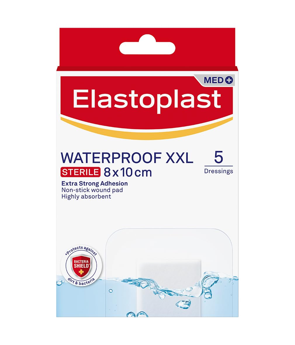 Elastoplast Waterproof XXL Med+ Dressings (5 Pieces), Pack of First Aid Plasters, Large Plasters for Post-Operative Wounds, Waterproof Sterile Dressings for Wounds, 0% Latex, Clear