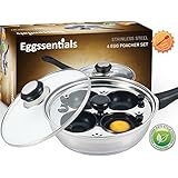 Eggssentials Poached Egg Maker - Nonstick 4 Egg Poaching Cups - Stainless Steel Egg Poacher Pan FDA Certified Food Grade Safe PFOA Free With Bonus Spatula