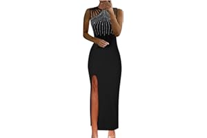 ABOUTYES Elegant Party Dress for Women Sexy Glitter Rhinestone High Split Bodycon Dresses Sleeveless Crewneck Evening Gowns