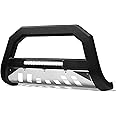 Matte Black AVT Style Aluminum LED Light Bull Bar Bumper Grille Guard with Stainless Skid Plate Compatible with 07-18 Chevy Silverado GMC Sierra 1500/2019 LD Limited / 07-20 Suburban Tahoe Yukon