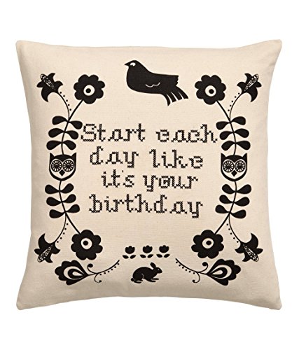 French Country Old Fashion Accent Decorative 100% Cotton Canvas Throw  Pillow Cover Cushion 20-by-20-inch Cross Stitch Embroidery Flowers Bird  Natural