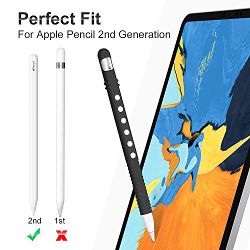 Silicone Case for Apple Pencil 2nd Generation Holder Sleeve Skin Pocket Cover Accessories Kit for iPad Pro 11 12.9 inch 2018, Soft Grip Pouch Cap Holder and 2 Protective Nib Covers (Black)