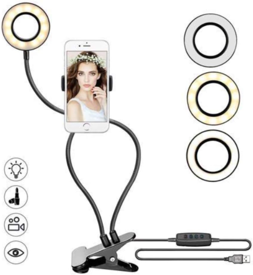 Selfie Ring Light with Phone Holder & Flexible Arms,LED Camera Lighting 3-Light Mode Stand for Makeup/YouTube/TIK tok/Photography Suitable for iPhone Android